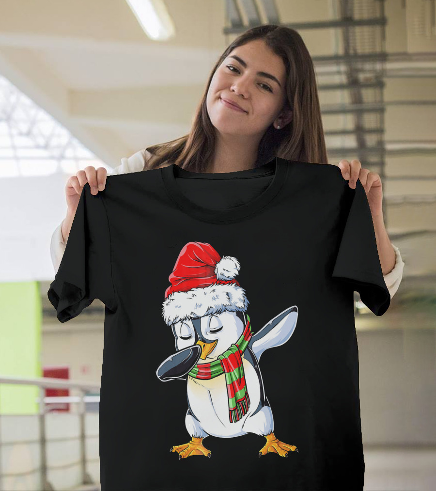 Dabbing Penguin Santa Claus With Festive Scarf T-Shirt