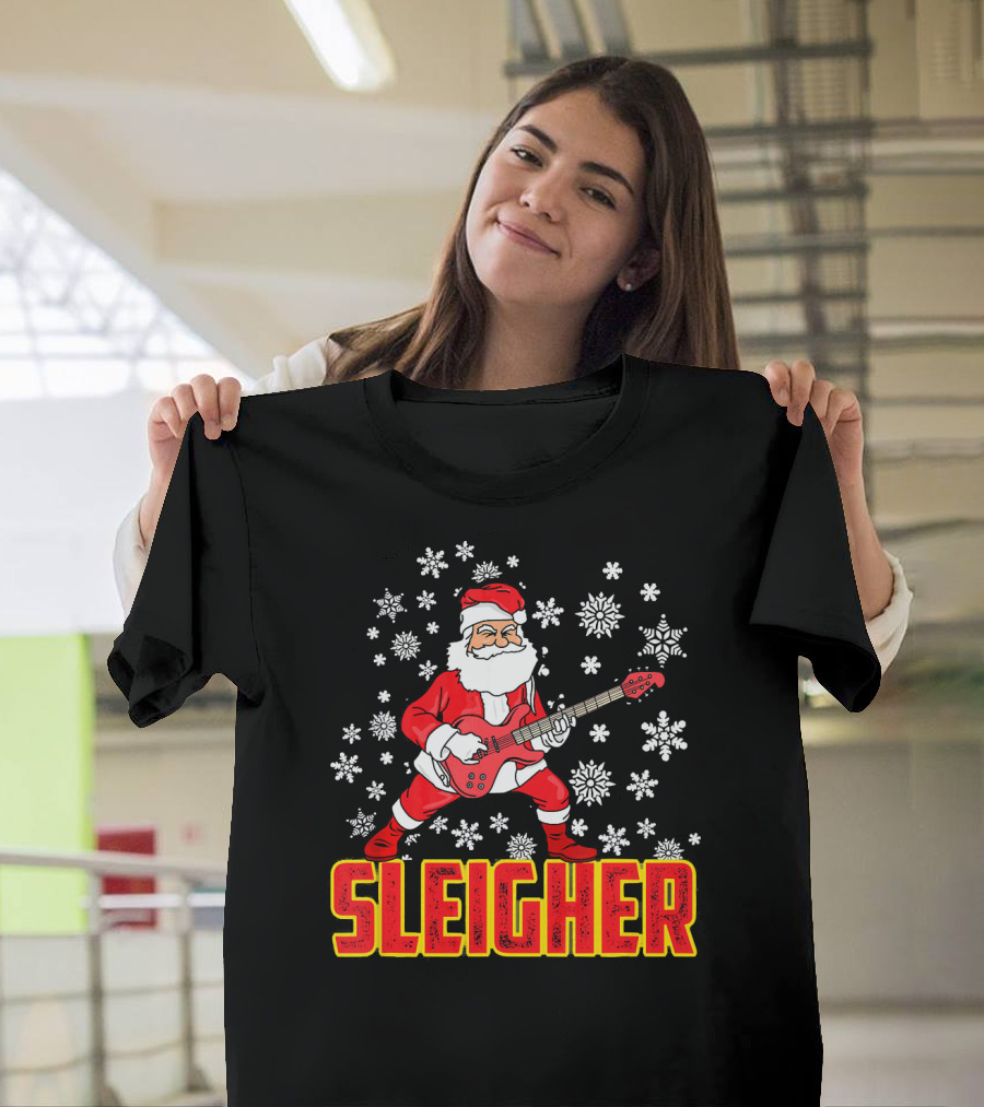 Sleigher Santa Claus With Guitar And Snowflakes T-Shirt