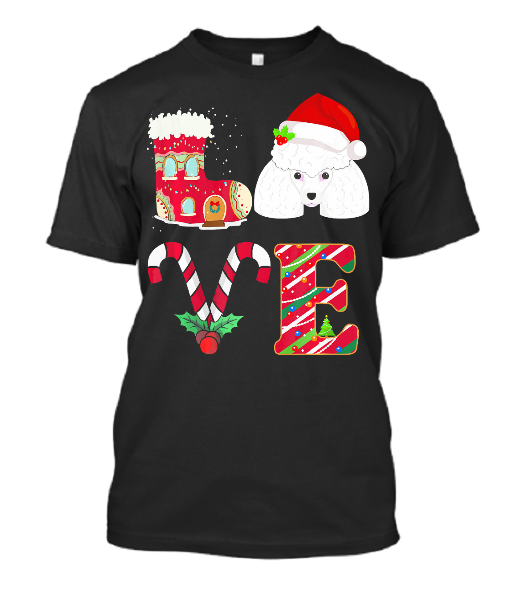 I Love My Poodle Funny Christmas Poodle Candy Cane Santa Hat Holiday Boot T-Shirt