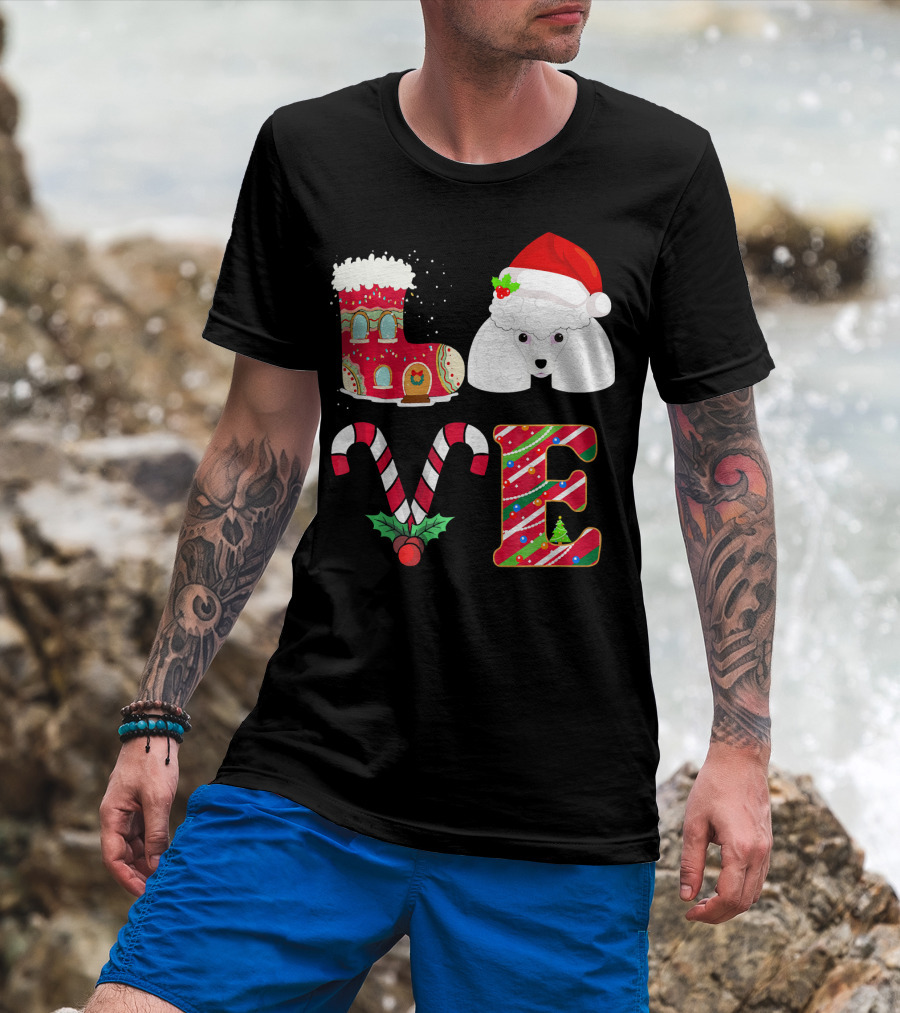 I Love My Poodle Funny Christmas Poodle Candy Cane Santa Hat Holiday Boot T-Shirt
