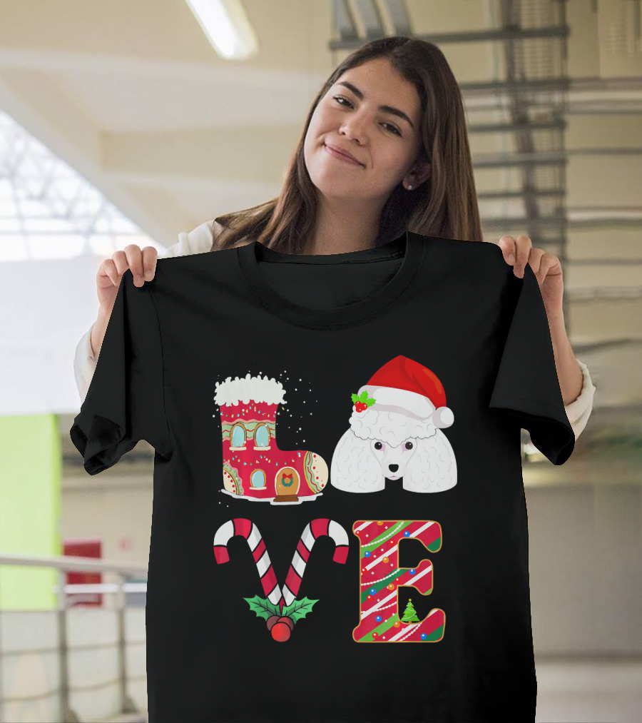I Love My Poodle Funny Christmas Poodle Candy Cane Santa Hat Holiday Boot T-Shirt