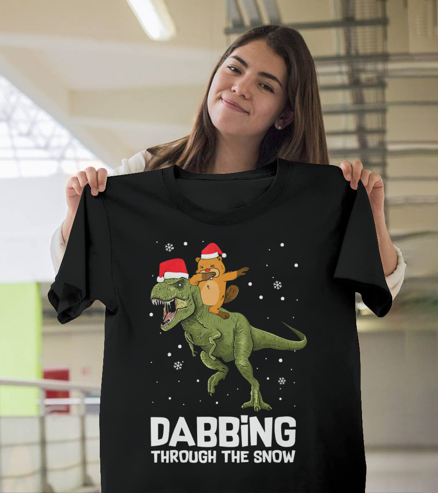 Beaver Dabbing On Dinosaur Wearing Santa Hats Dabbing Through The Snow T-Shirt