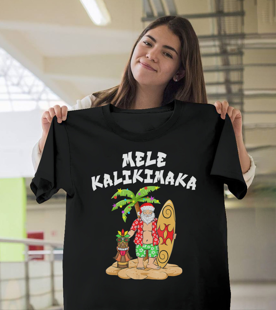 Mele Kalikimaka Santa With Surfboard And Tropical Tiki Palm Tree T-Shirt