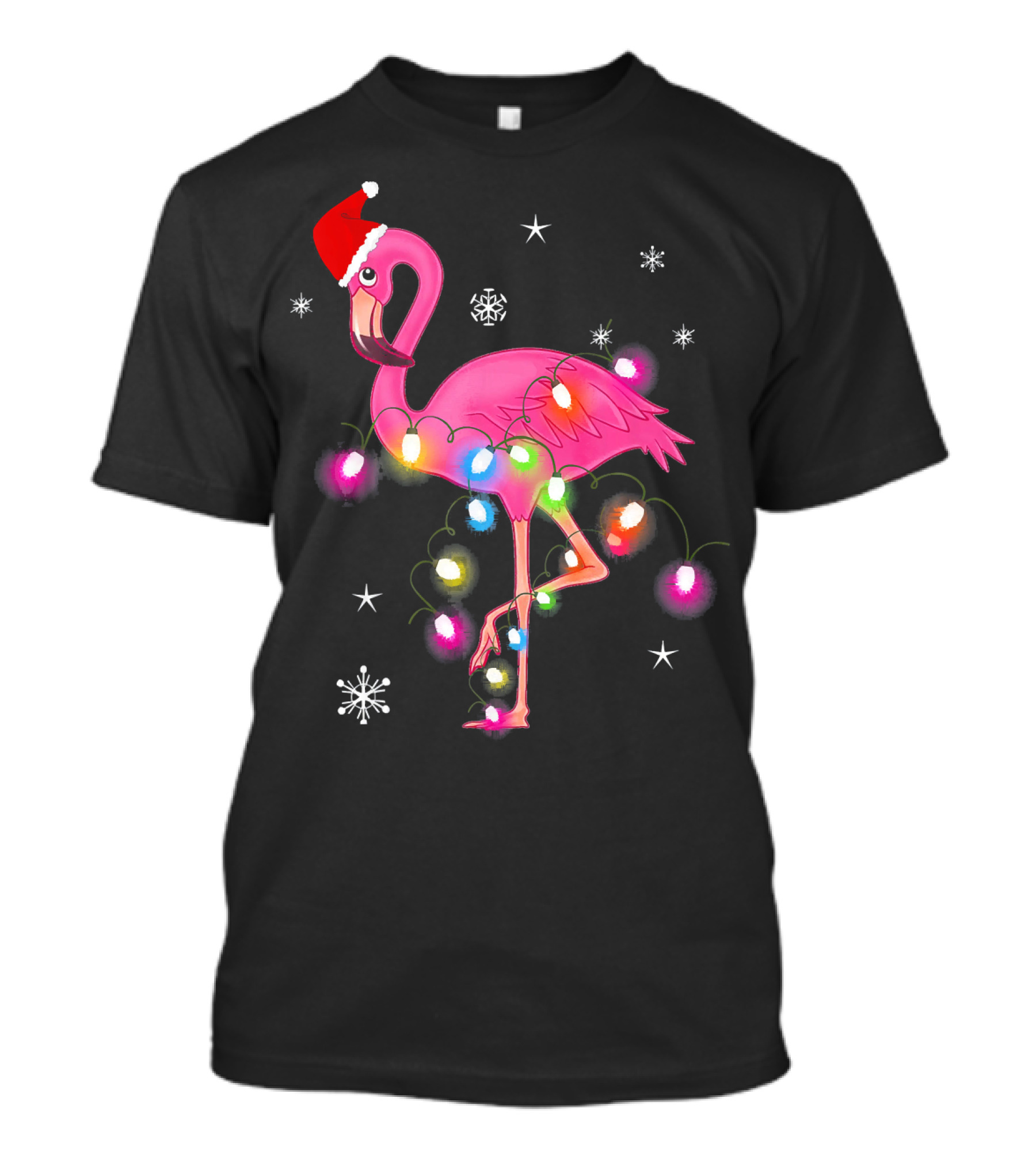 Pink Flamingo Christmas Lights And Santa Hat T-Shirt