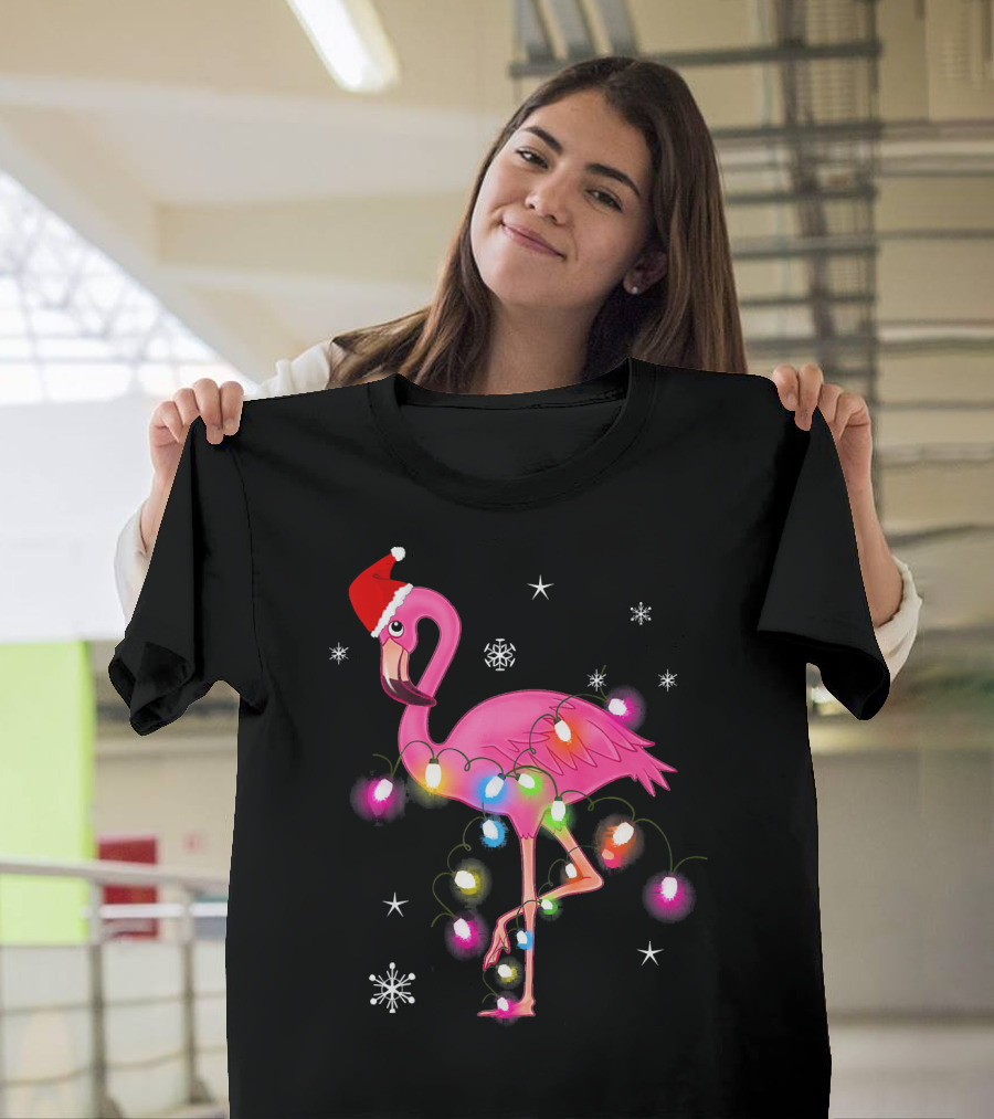 Pink Flamingo Christmas Lights And Santa Hat T-Shirt