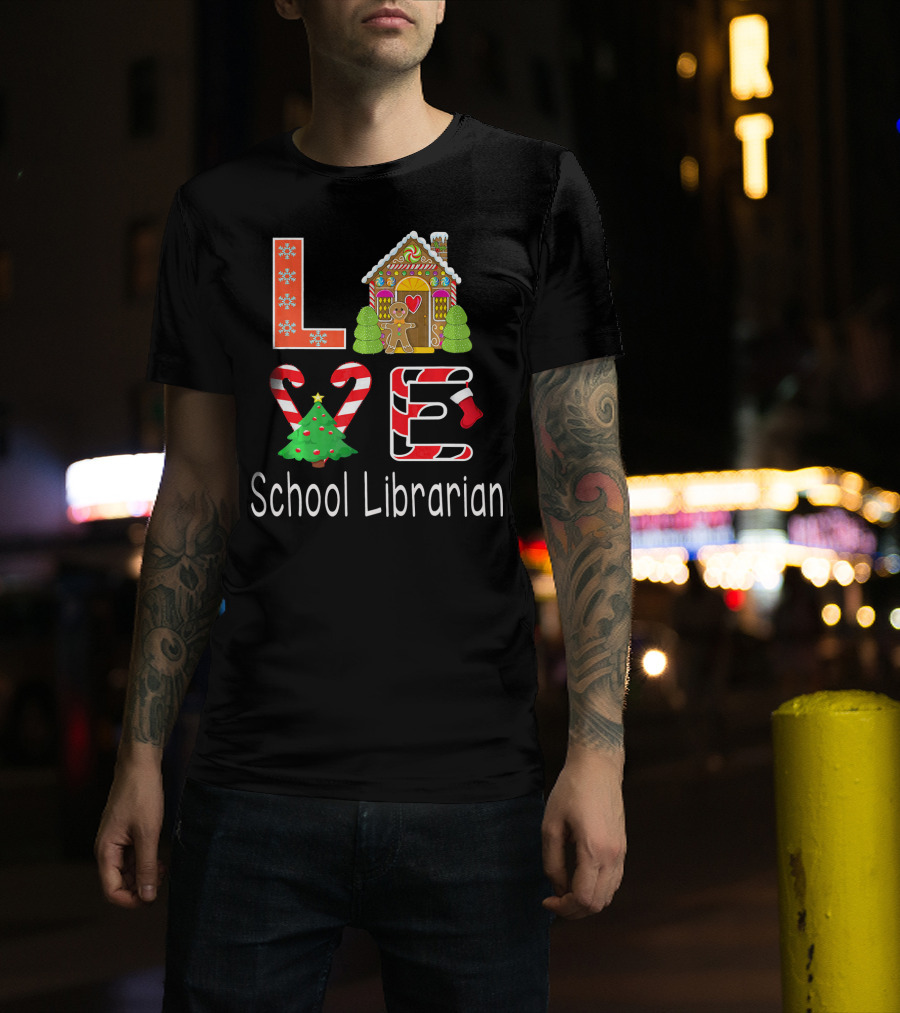 LOVE School Librarian Merry Christmas Gingerbread House Candy Cane Tree T-Shirt