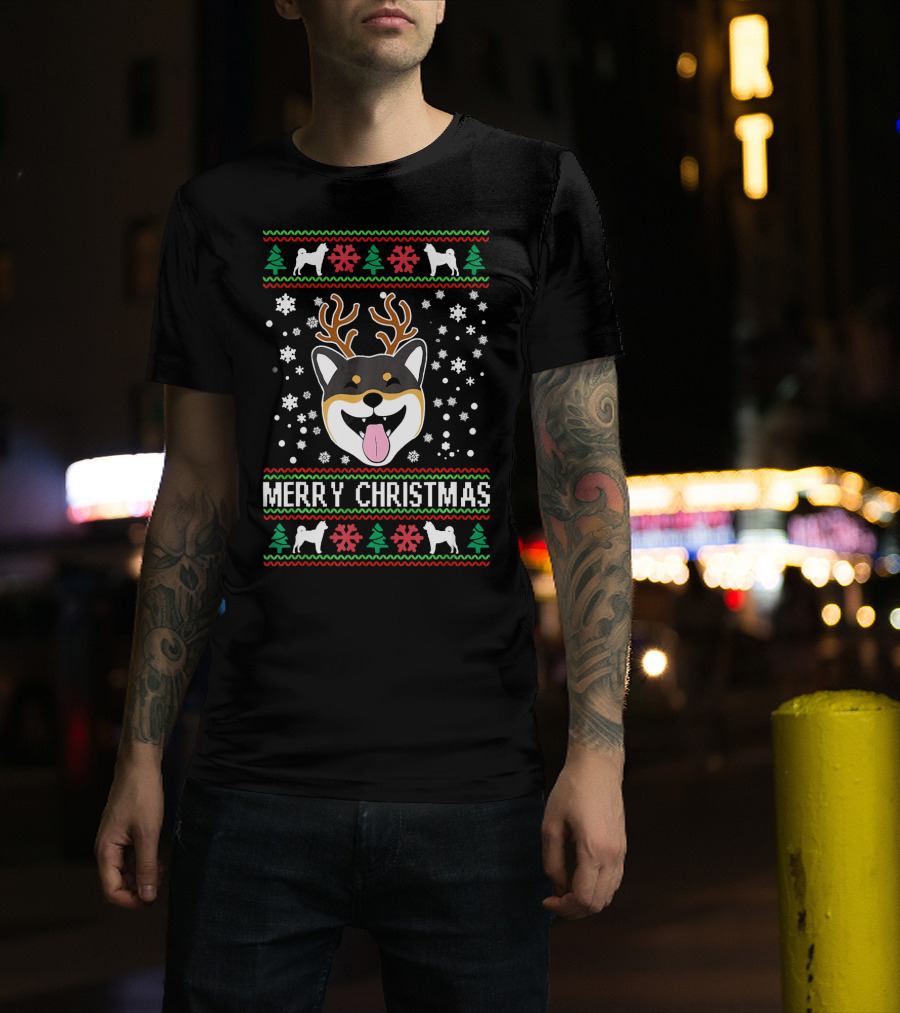 Merry Christmas Shiba Inu Reindeer Antlers Snowflakes Ugly T-Shirt