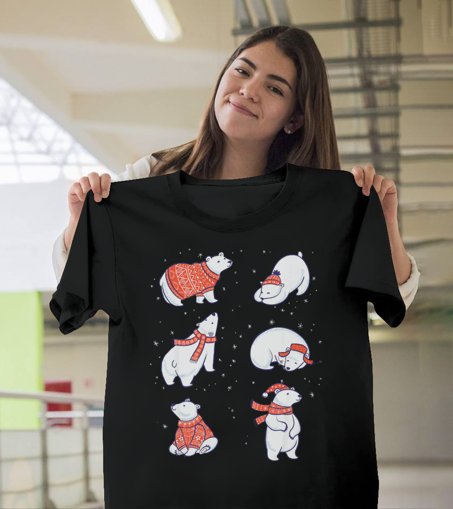 Cute Hand Drawn Polar Bear in Festive Red Sweaters and Scarves T-Shirt