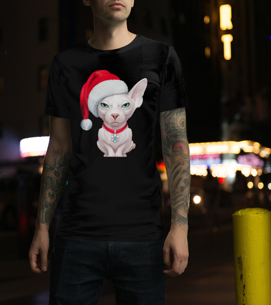 Sphynx Cat Santa Hat Christmas Holiday Festive Pet Charm T-Shirt