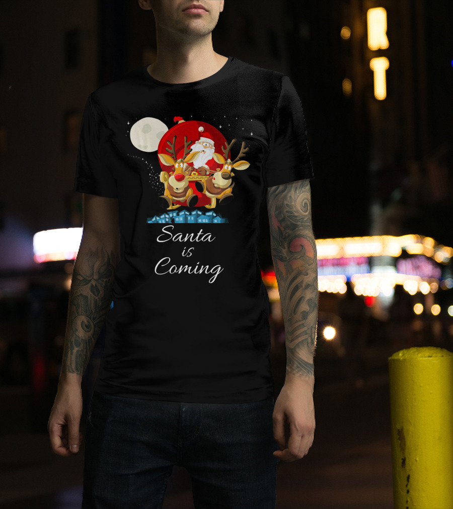 Santa Is Coming With Reindeer Sleigh Under The Moonlight T-Shirt
