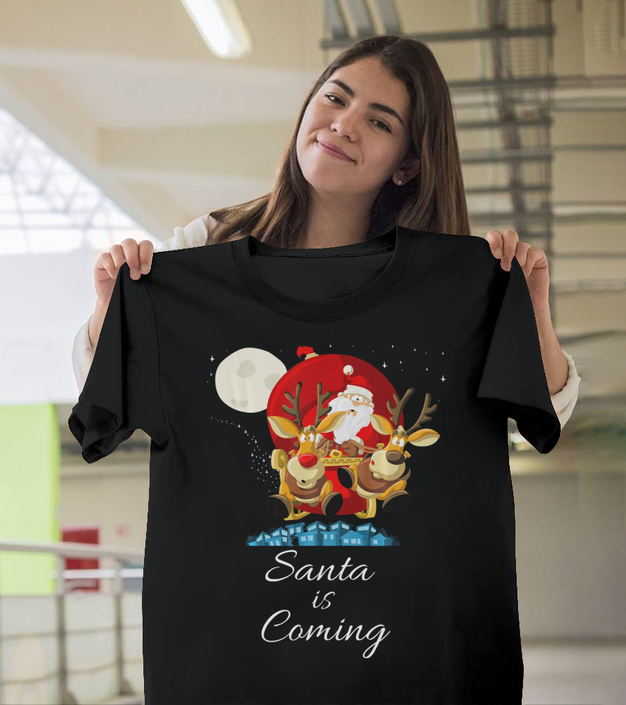 Santa Is Coming with Reindeer Sleigh Under the Moonlight T-Shirt