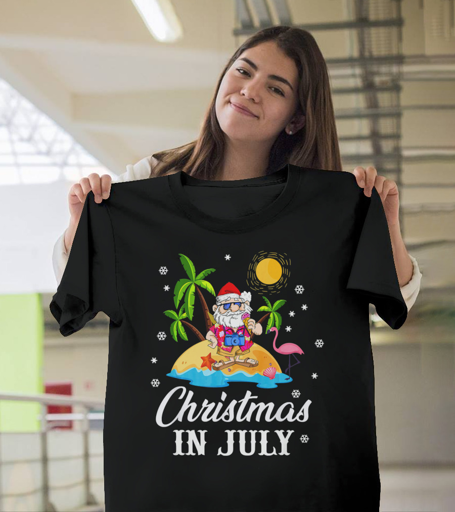 Christmas in July Flamingo Santa on Tropical Island with Palm Trees and Sun T-Shirt