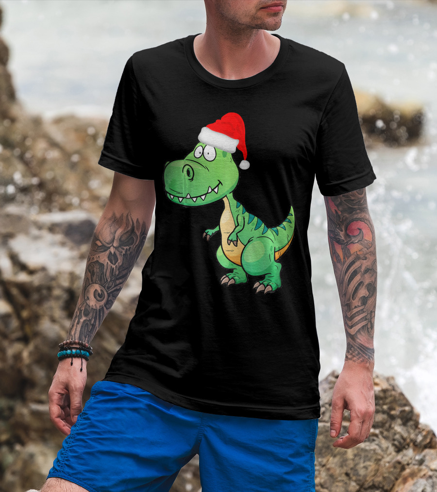 Santa Dinosaur Christmas T-Rex With Santa Hat T-Shirt