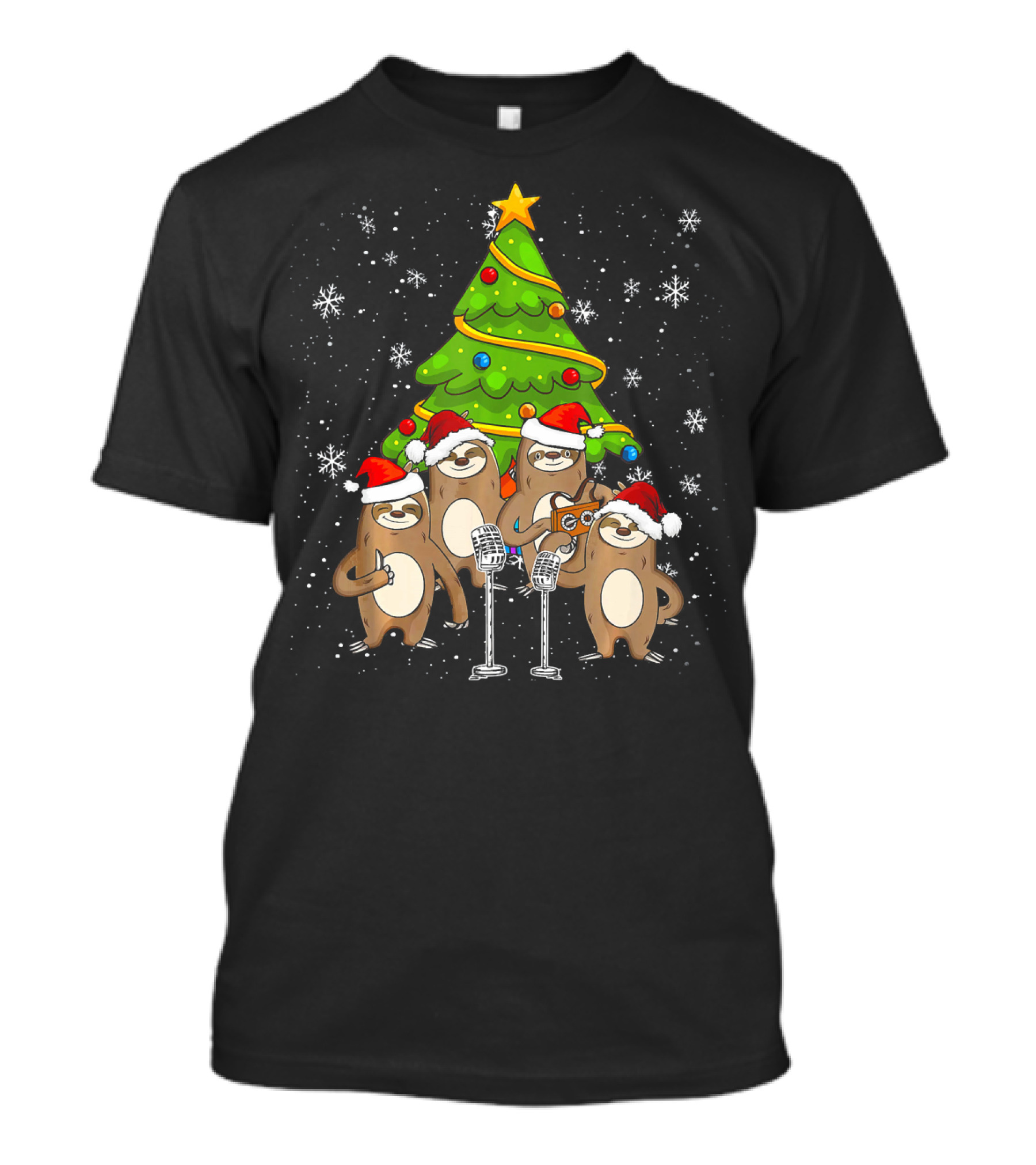 Santa Sloths Singing Festive Cheer Around Christmas Tree T-Shirt