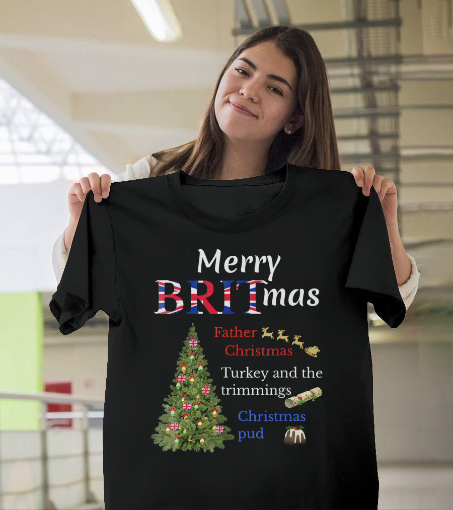 Merry Britmas Father Christmas Turkey and Trimmings Christmas Pud T-Shirt
