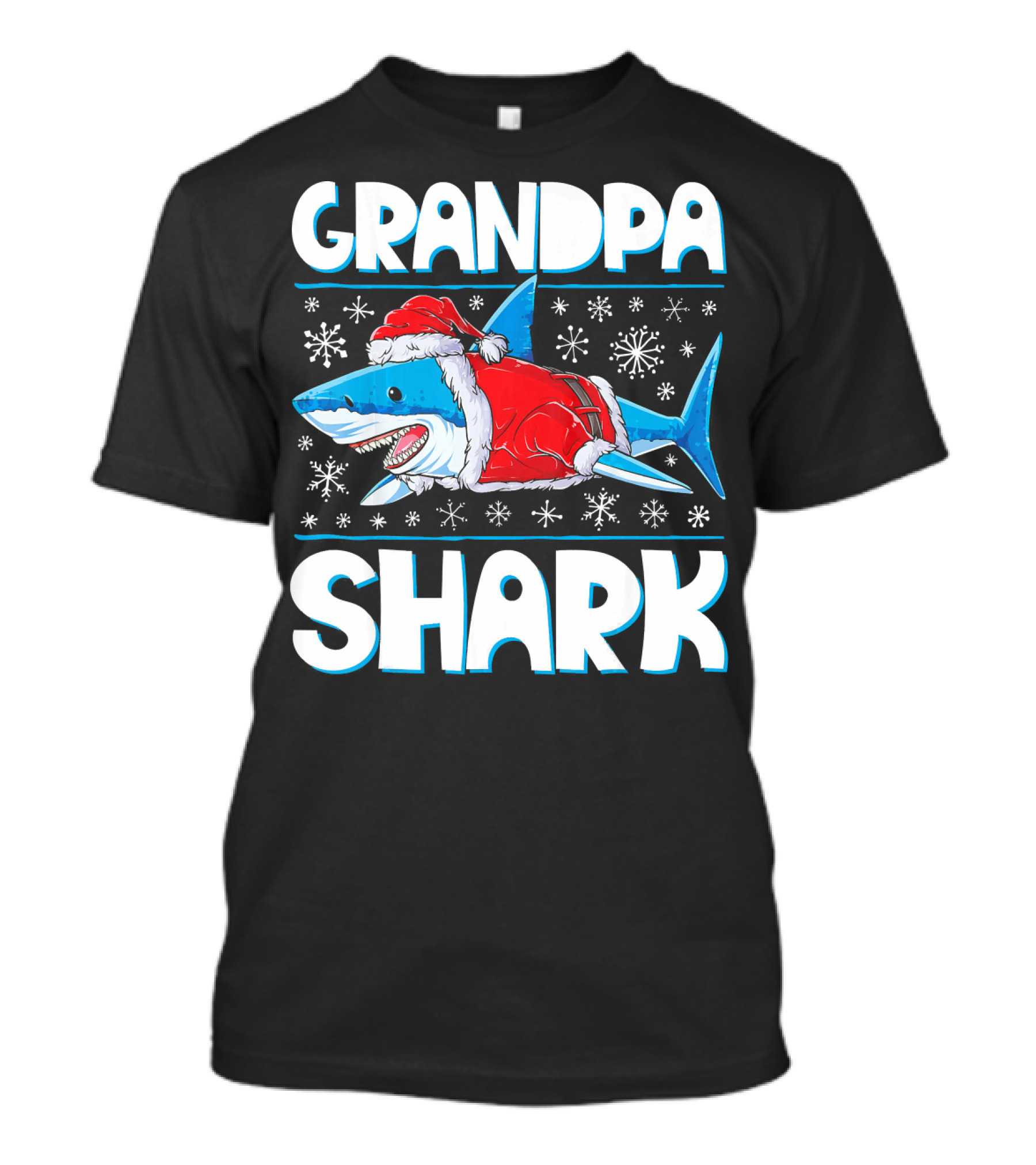 Grandpa Shark In Santa Hat With Snowflakes T-Shirt