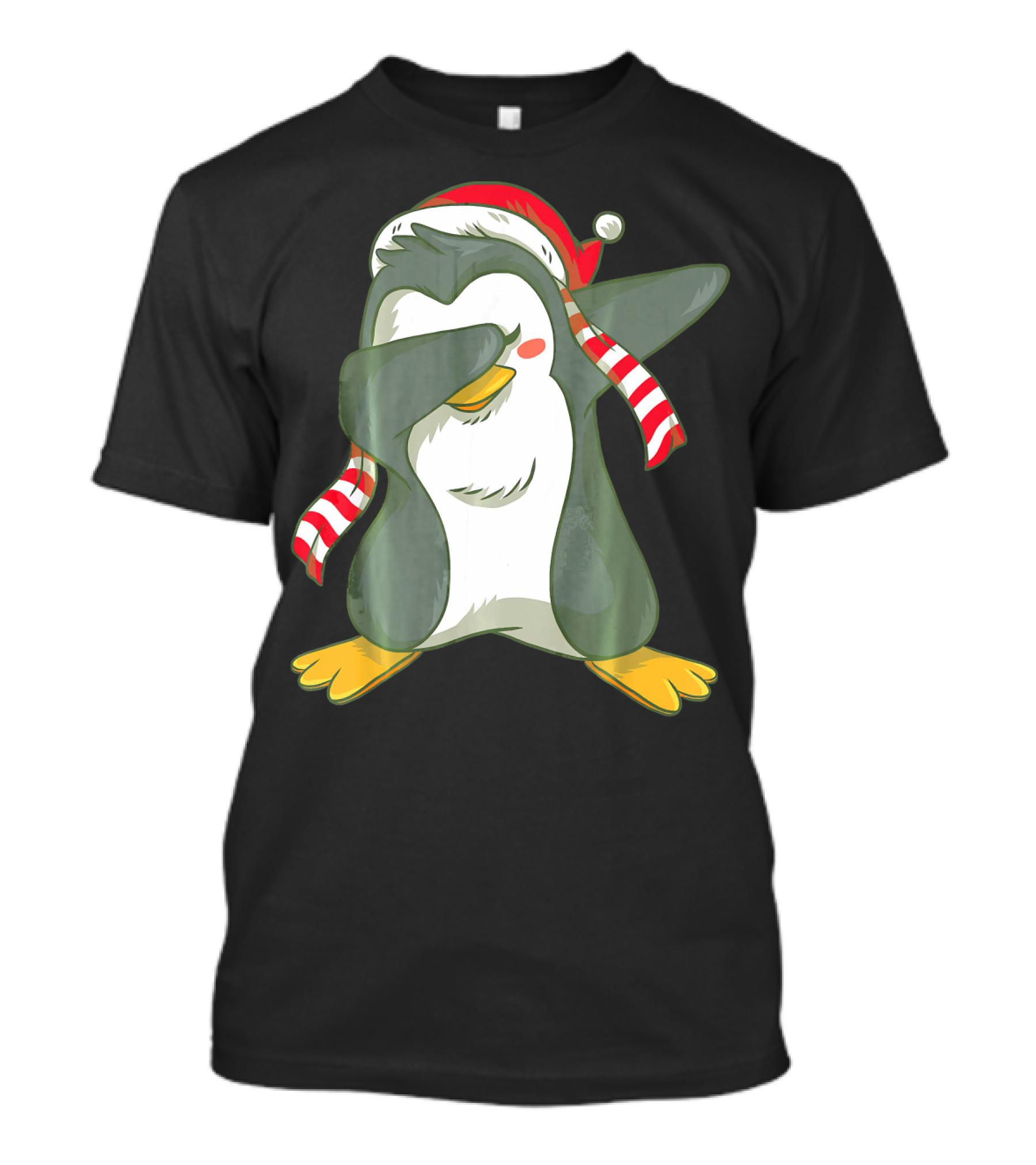 Dabbing Penguin In Santa Hat With Striped Scarf T-Shirt