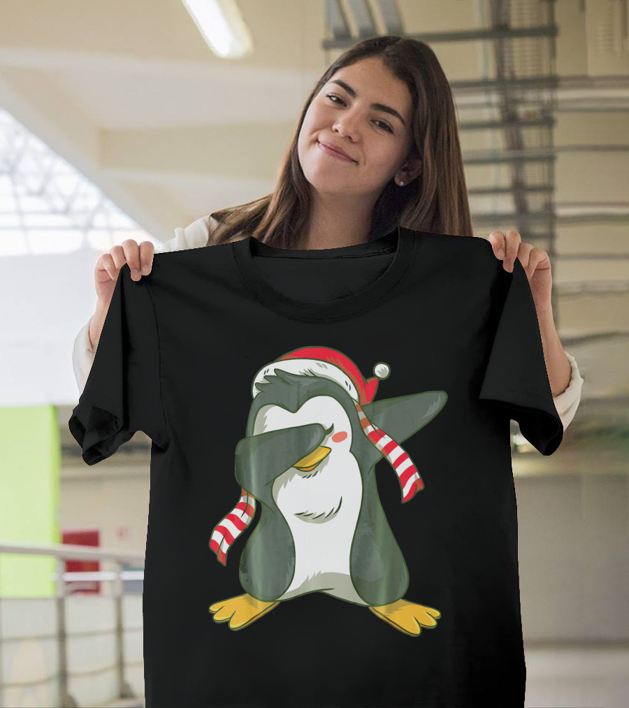 Dabbing Penguin In Santa Hat With Striped Scarf T-Shirt