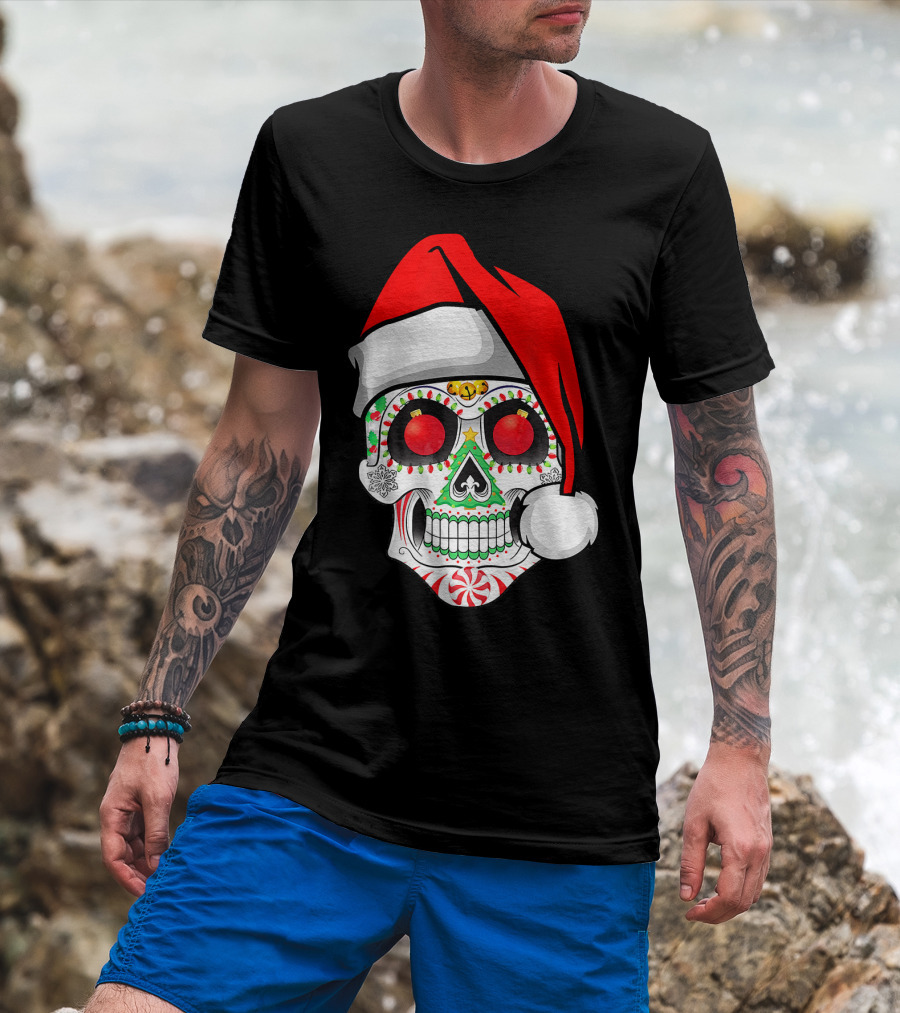 Jingle Jangle Christmas Sugar Skull Santa Hat Peppermint T-Shirt
