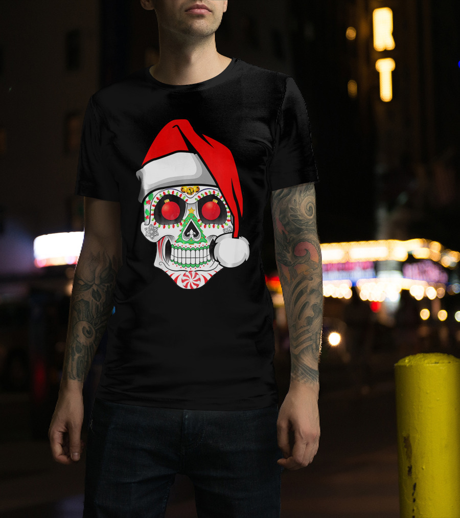 Jingle Jangle Christmas Sugar Skull Santa Hat Peppermint T-Shirt