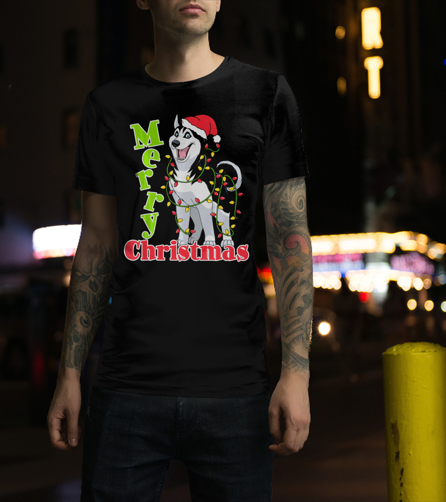 Merry Christmas Husky Festive Lights Holiday Santa Hat T-Shirt