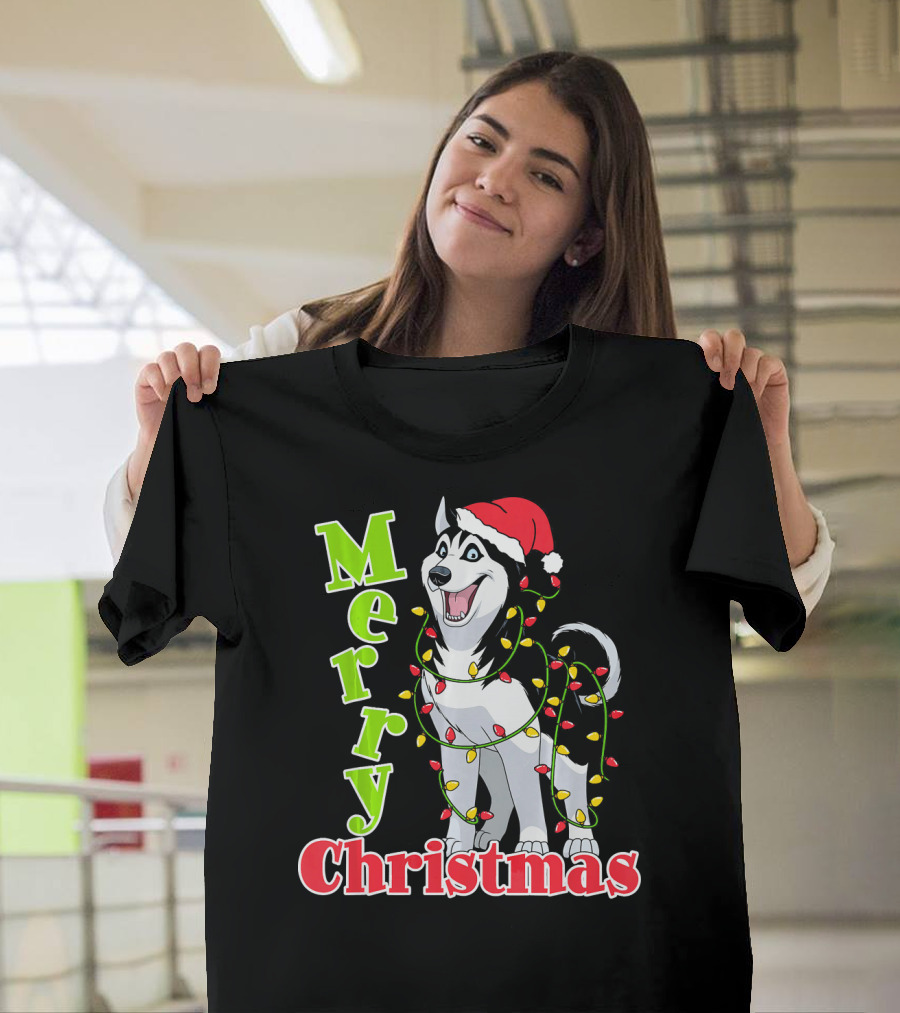 Merry Christmas Husky Festive Lights Holiday Santa Hat T-Shirt