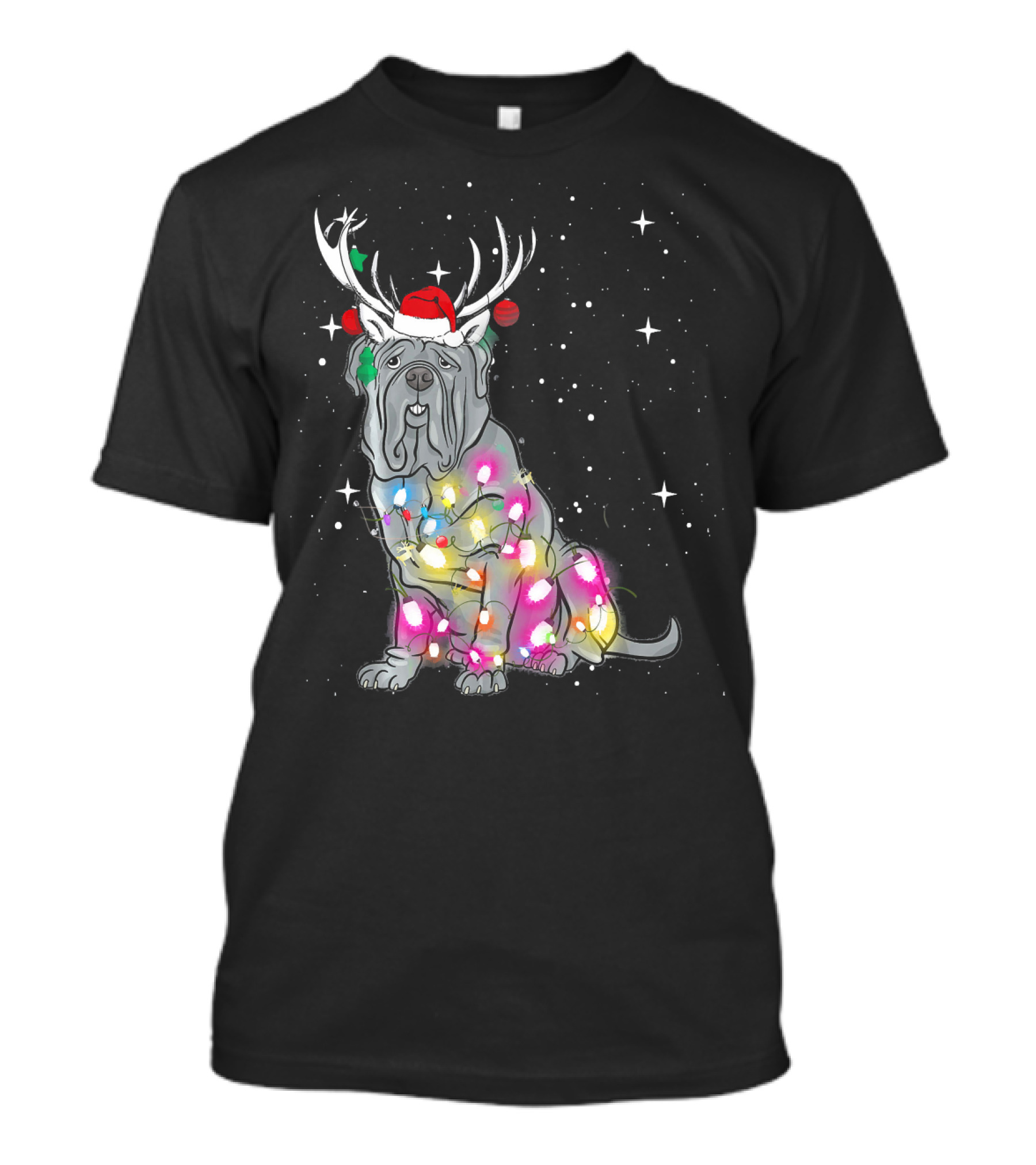 Neapolitan Mastiff With Christmas Lights And Santa Hat In Snowy Night T-Shirt