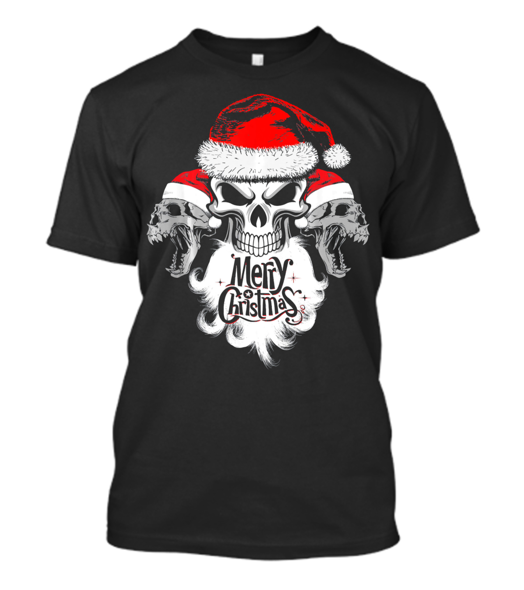 Merry Christmas Funny Skull Santa With Santa Hat And Beards T-Shirt