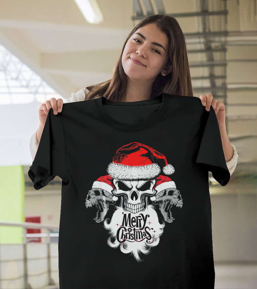 Merry Christmas Funny Skull Santa With Santa Hat And Beards T-Shirt