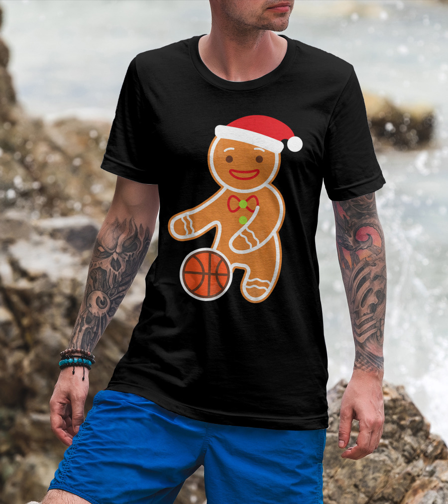Basketball Gingerbread Player Santa Hat Gingerbread Man T-Shirt