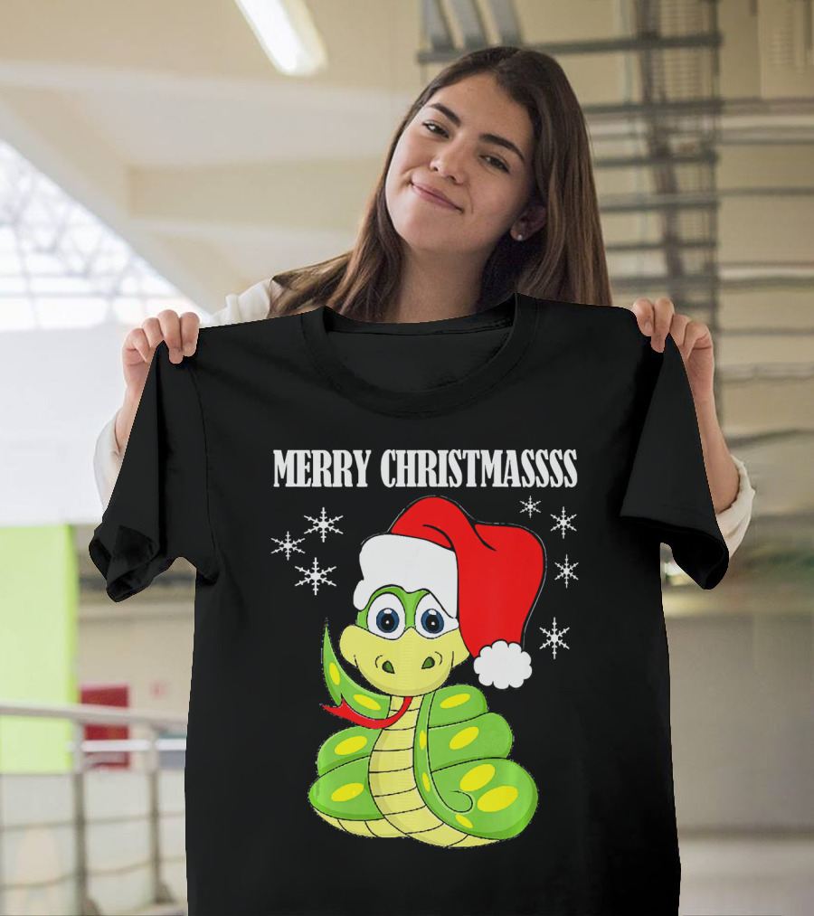 Merry Christmassss Snake Cute Snak Santa Hat Snowflakes T-Shirt