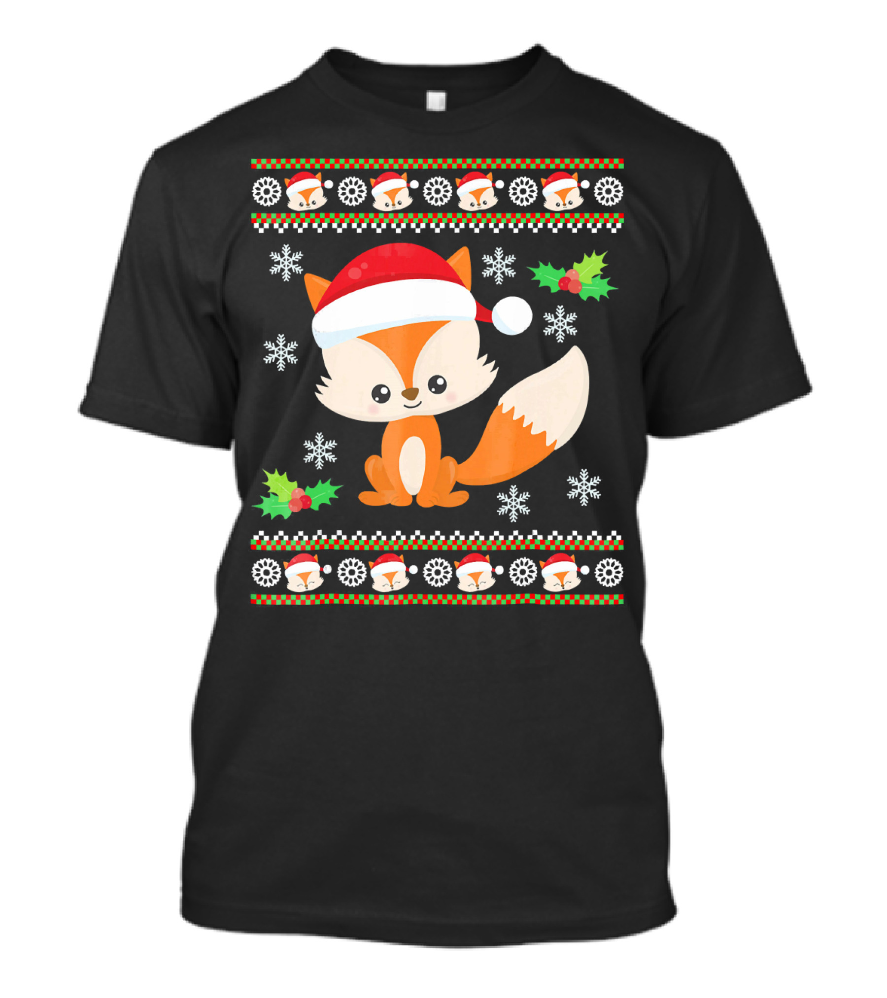 Cute Festive Fox With Santa Hat And Snowflakes T-Shirt