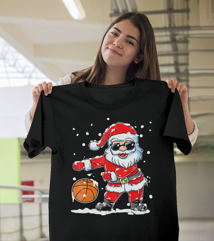 Santa Flossing With Basketball In Snowy Christmas Scene T-Shirt