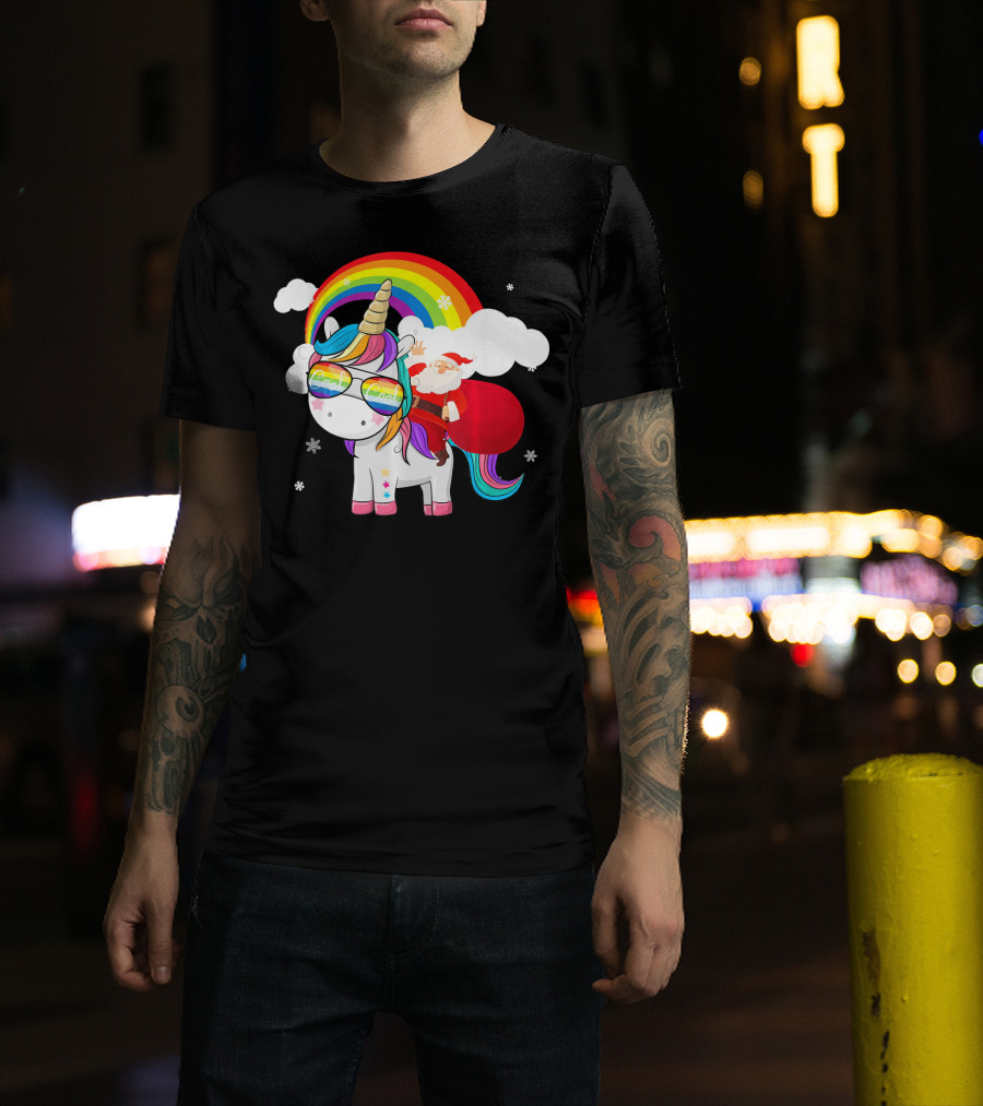 Cool Santa Riding Unicorn Rainbow Christmas Cos T-Shirt