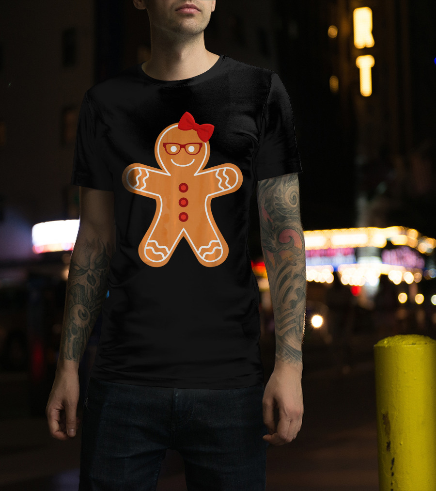 Gingerbread Girl Cookie With Glasses And Red Bow Christmas T-Shirt
