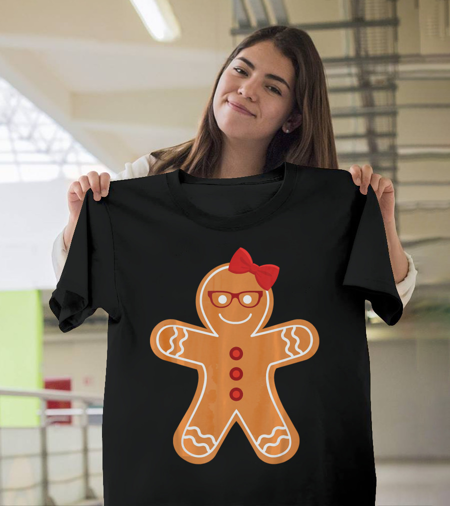 Gingerbread Girl Cookie With Glasses And Red Bow Christmas T-Shirt