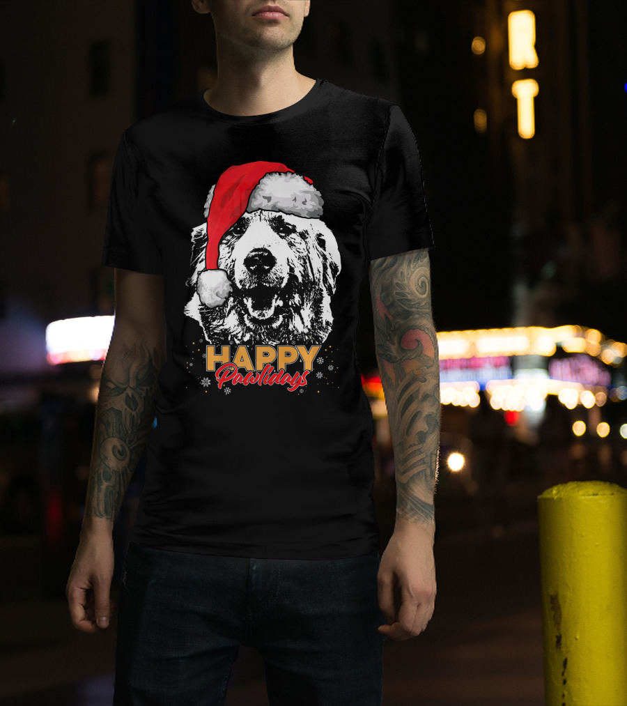 Happy Pawlidays Funny Christmas Great Pyrenees Santa Hat T-Shirt