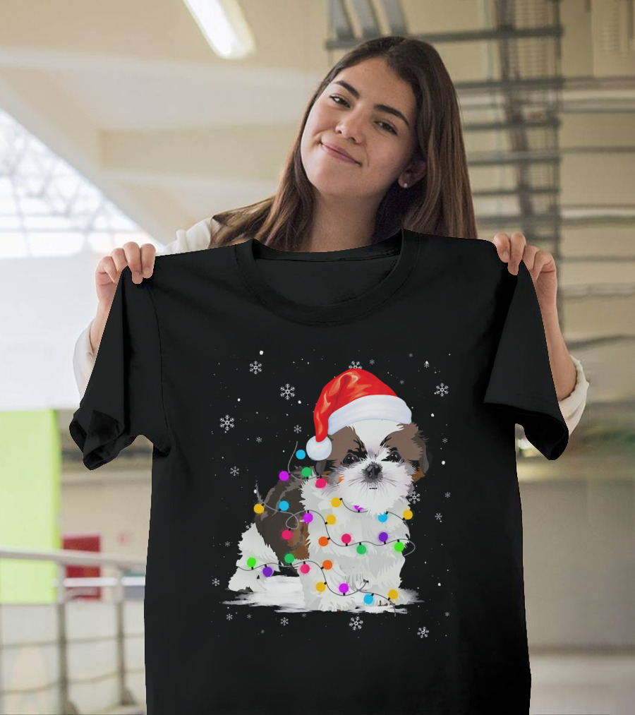 Shih Tzu Santa Hat Christmas Lights Snowflakes T-Shirt
