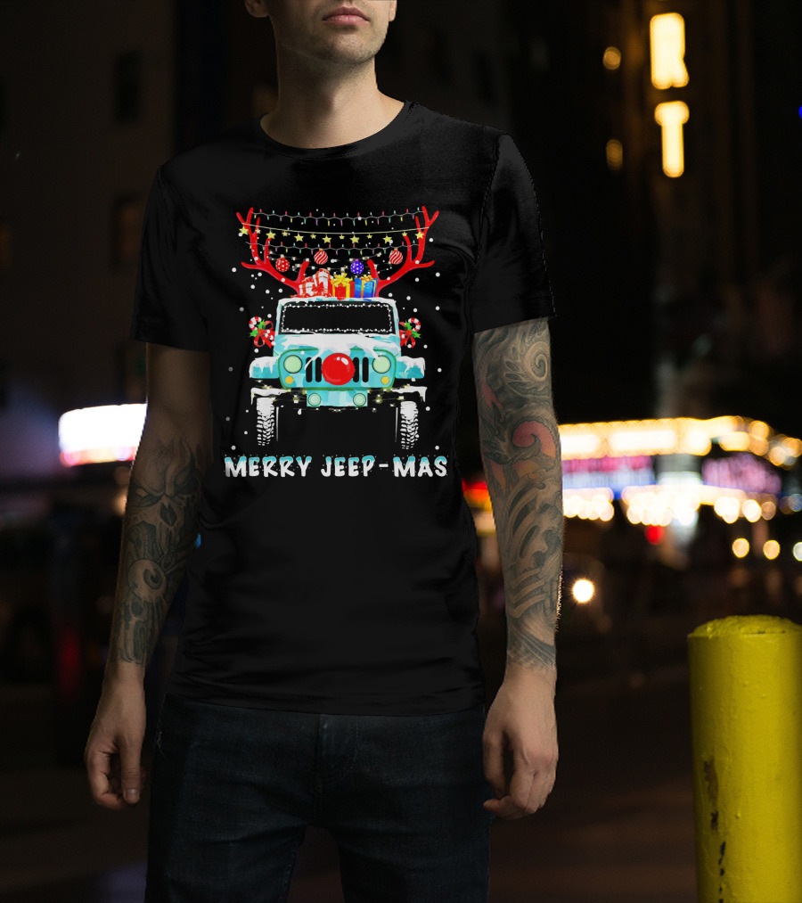 MERRY JEEP-MAS Reindeer Antlers Christmas Lights Jeep T-Shirt