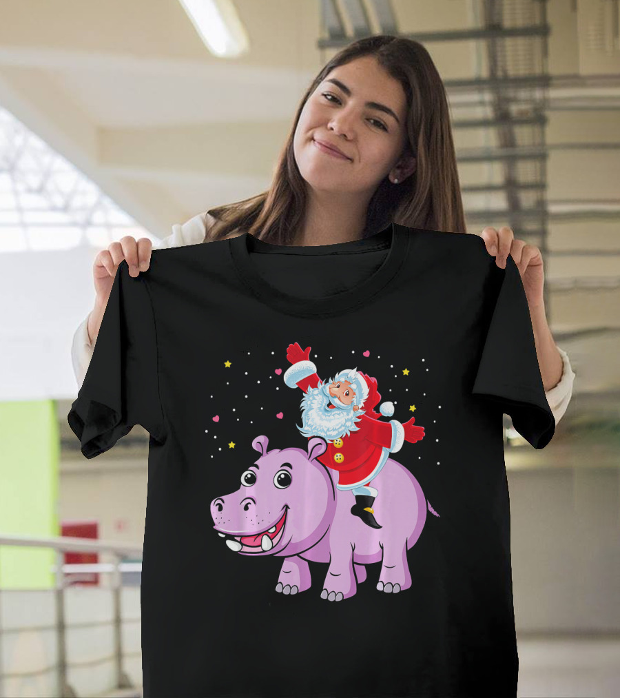 Santa Claus Riding A Happy Hippo Merry Christmas Stars T-Shirt