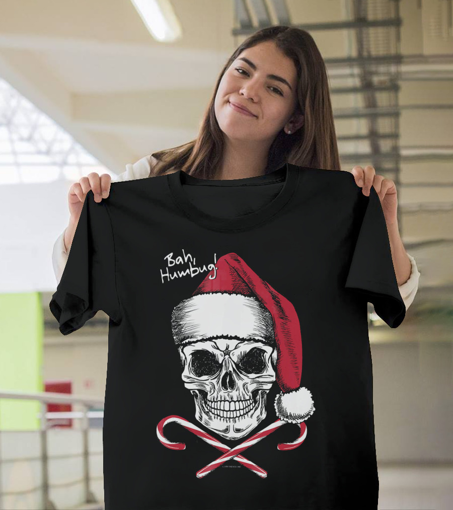 Bah Humbug Skull with Santa Hat and Candy Canes Christmas Funny Santa T-Shirt