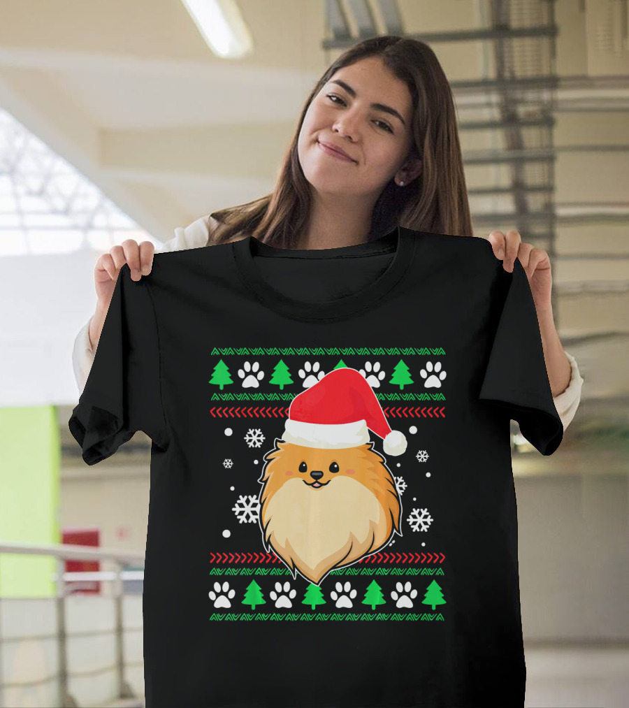 Pomeranian Santa Hat Ugly Christmas Sweater Snowflakes Trees Paws T-Shirt