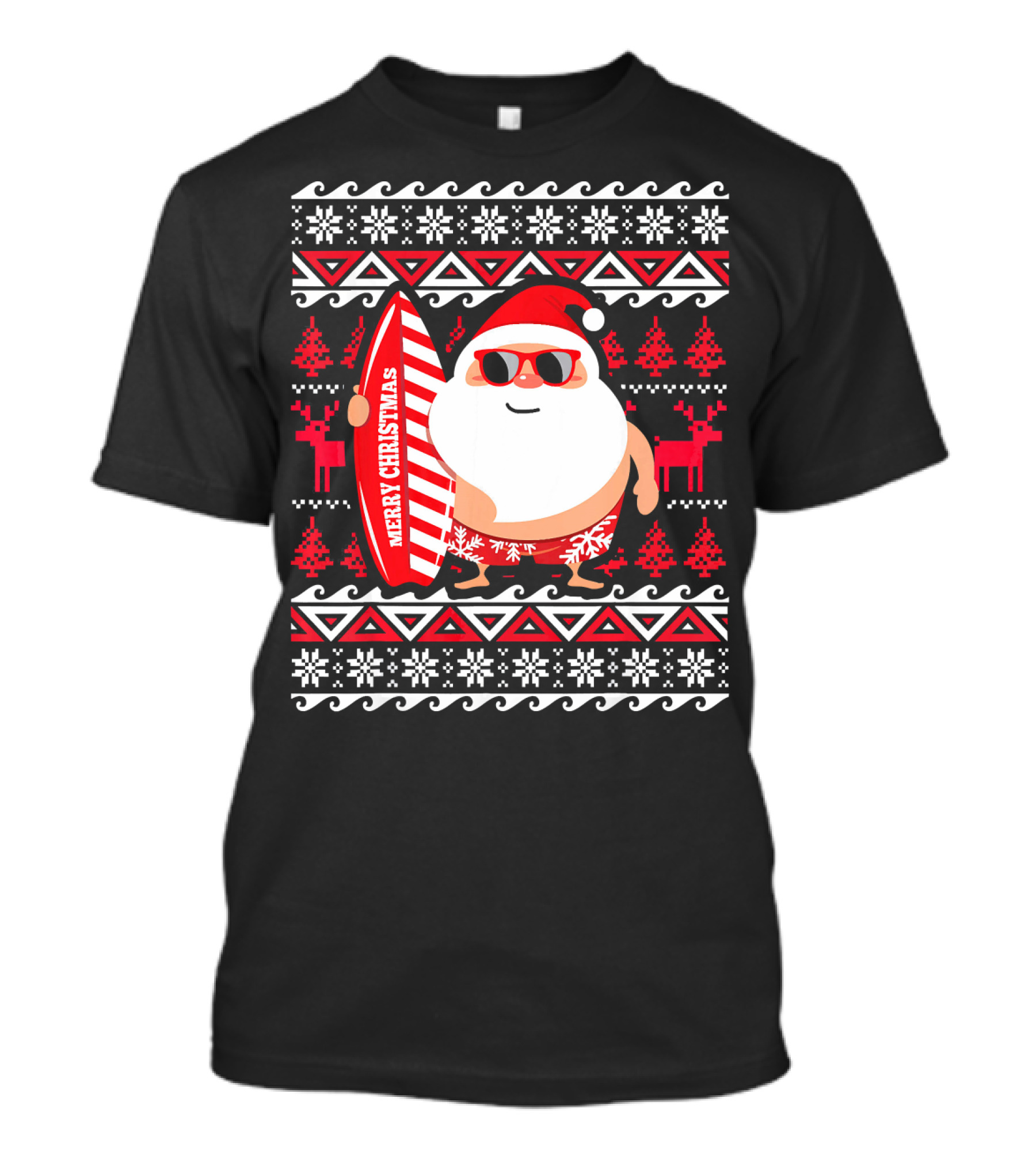 Surfing Santa Claus Merry Christmas Hawaii Red Reindeer Snowflakes T-Shirt