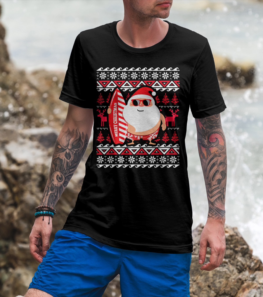 Surfing Santa Claus Merry Christmas Hawaii Red Reindeer Snowflakes T-Shirt