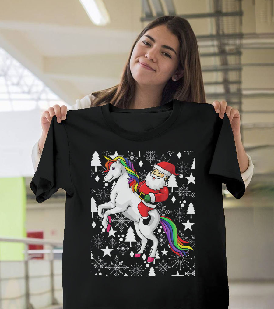 Santa Claus Riding a Unicorn Ugly Christmas Sweater with Stars and Snowflakes T-Shirt