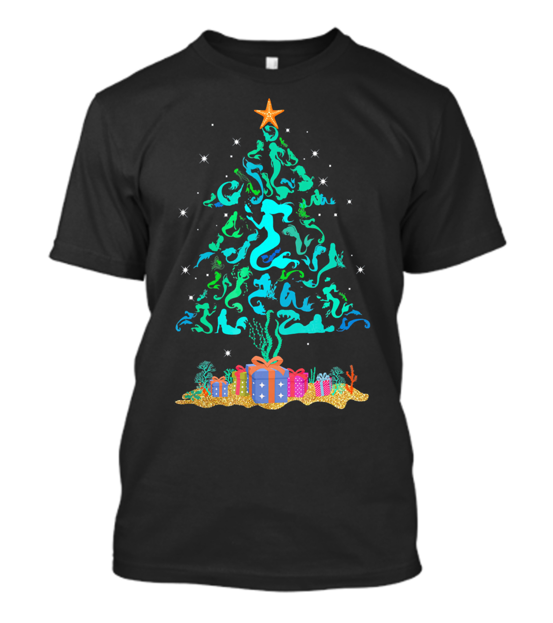 Mermaid Christmas Tree With Gifts And Star Topper T-Shirt