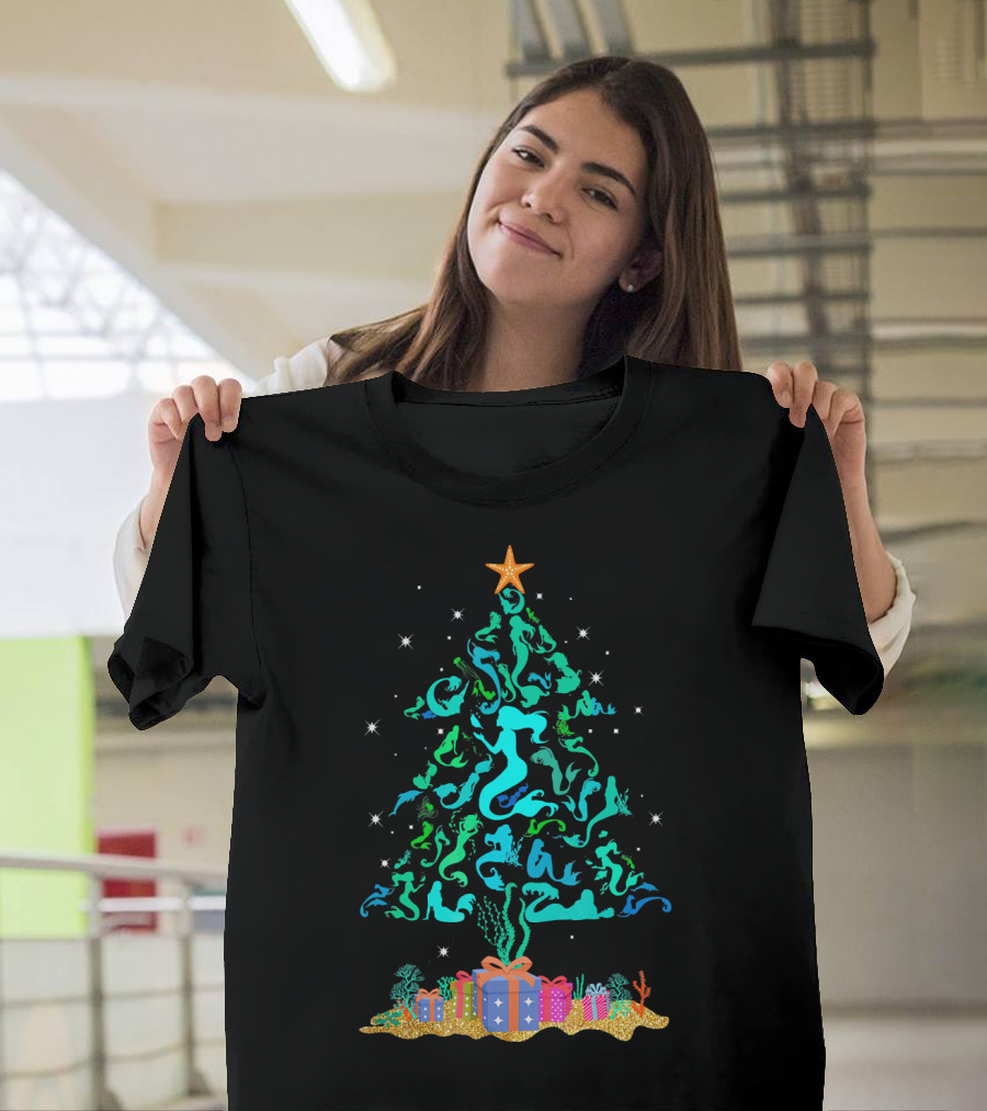 Mermaid Christmas Tree With Gifts And Star Topper T-Shirt