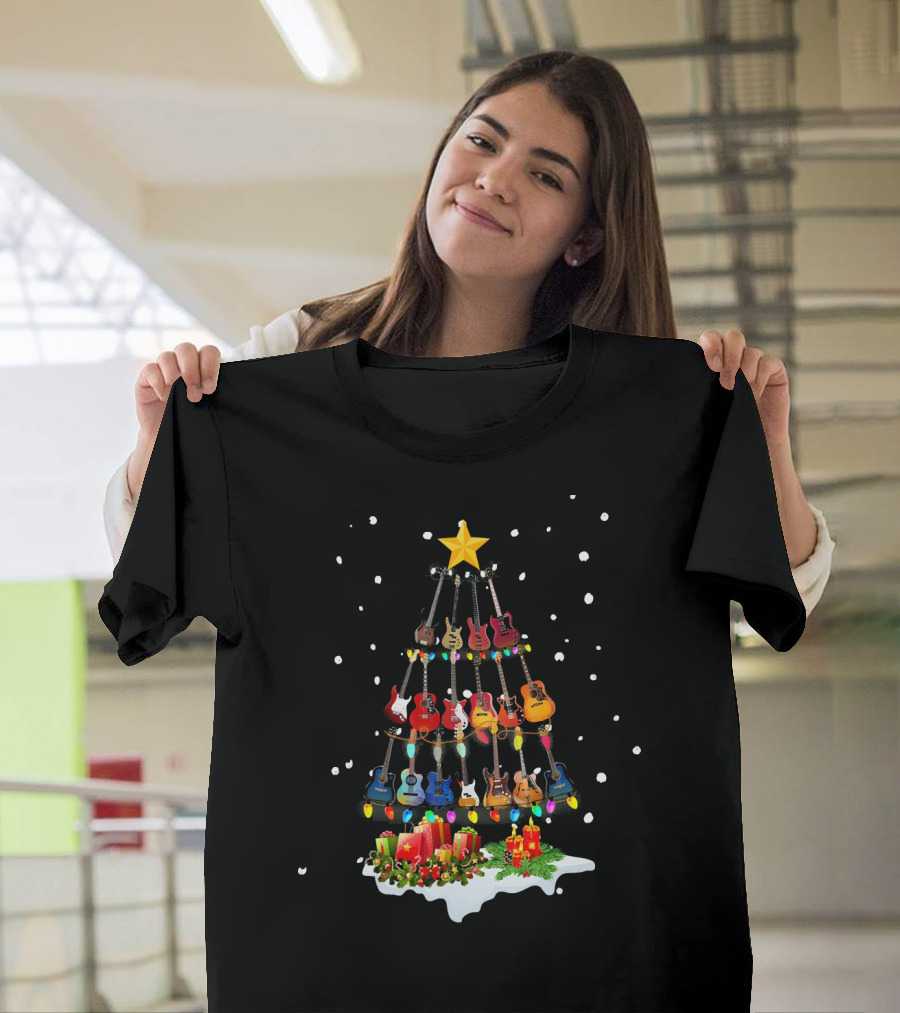 Guitar Christmas Tree Holiday Lights Snowflakes Star Candles T-Shirt