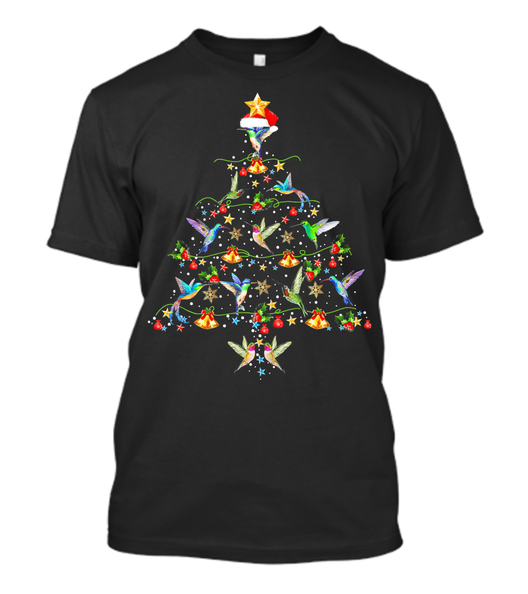Hummingbirds Christmas Tree Star Santa Hat Festive Bells Holiday Decor T-Shirt