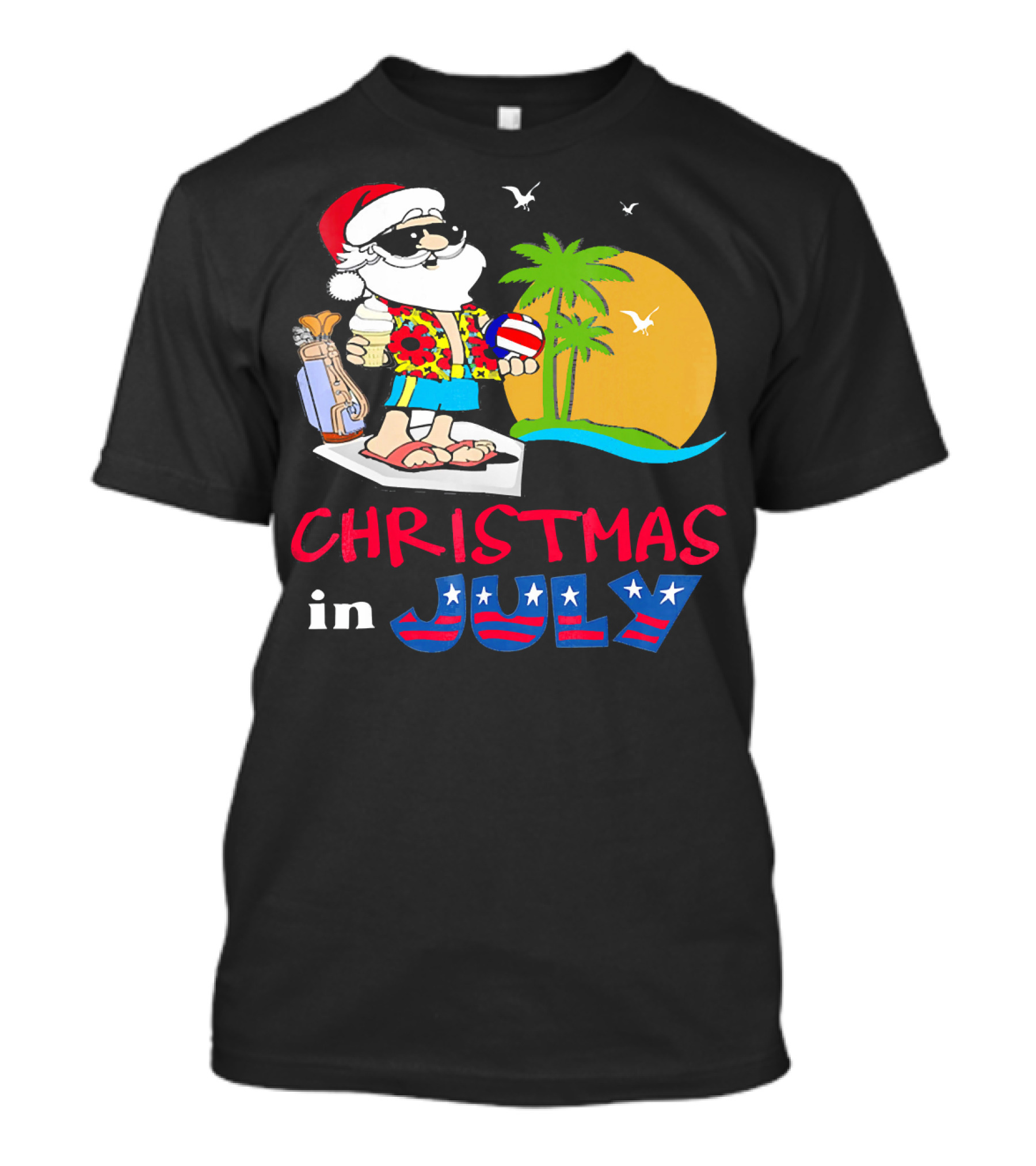 Christmas In July Funny Santa Summer Golf Sun And Palm Trees T-Shirt